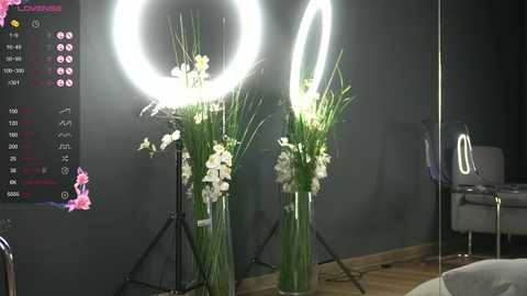 Media: Video of a dimly-lit room with two large, bright, round light rings illuminating green grass and white flowers. A black backdrop, a camera stand, and a chair are visible.