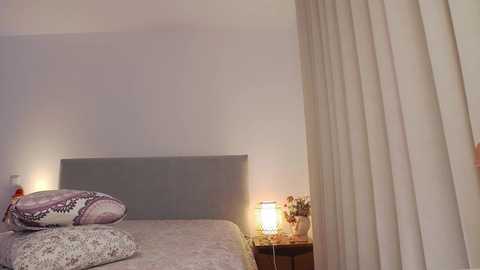 Media: Video of a minimalist bedroom with a gray upholstered headboard, a neatly made bed with floral-patterned pillows, a bedside table holding a lamp and a vase of flowers, and a floor-length curtain on the right.