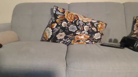 Media: Video of a light gray sofa with a large decorative pillow featuring a black background with intricate floral patterns in shades of white, orange, and brown. A black remote control is placed on the sofa's right side.