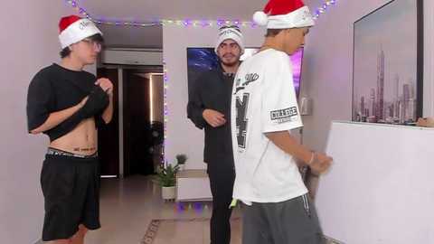 Media: Video of three men in a modern living room, wearing Santa hats, one lifting his shirt, another in a white t-shirt, and a third in a gray hoodie, with string lights and city skyline artwork on the wall.