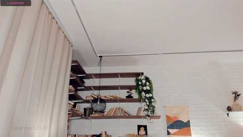 Video of a modern, minimalist room with white brick walls, beige curtains, wooden floating shelves holding books and potted plants, a hanging macram\u00e9 plant, and abstract art on the right.