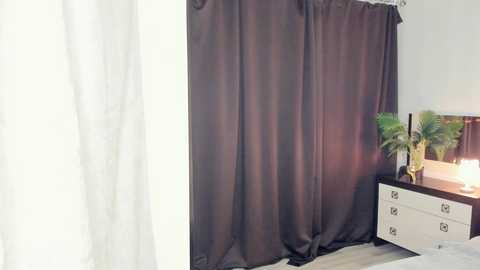 Media: Video of a minimalist bedroom with a dark brown curtain partially drawn, revealing a white bed and a white dresser with a green potted plant and a lamp on top.