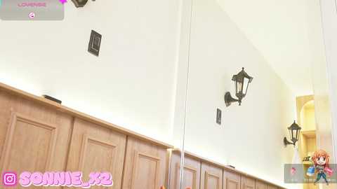 Media: A video of a light wooden-paneled wall with two black wall sconces and a door, featuring a watermark of the username \"SOONIE\" in the bottom left.