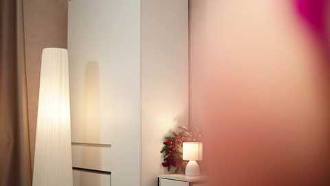 Media: Video of a minimalist, warmly lit bedroom corner featuring a tall, white, vertical lampshade casting soft shadows, a white nightstand with a red floral arrangement, and a beige wall.