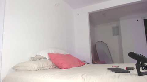 Media: Video of a minimalist bedroom with white walls, beige bedspread, two pillows, a black microphone, and a full-length mirror.