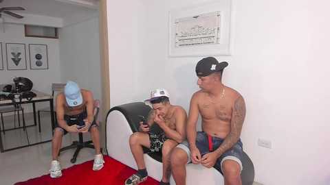 Media: Video of three shirtless men in casual attire: one seated, one kneeling, and one standing on a red carpet in a minimalistic, white-walled room with framed art and a ceiling fan.