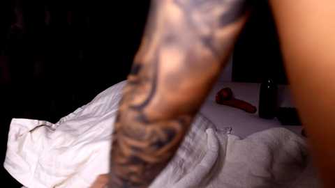 Media: A video of a close-up view of a tattooed arm with intricate designs, partially covered by a white blanket, in a dimly lit room with a black background, a green bottle, and a red vibrator on a white surface.