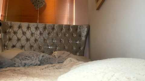 Media: A video of a cozy, dimly lit bedroom with a plush, gray velvet headboard, a beige quilted blanket, and a white pillow. The walls are off-white, and a wooden shelf is visible in the corner.