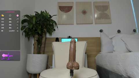 Media: Video of a modern bedroom with a large dildo on a white chair, surrounded by white bedding, a potted plant, and abstract art on a white wall.