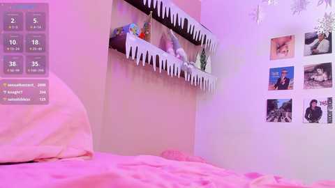 Media: A video of a bedroom with pink bedding, white shelves adorned with stuffed animals, and a wall covered with framed photos and a digital clock displaying 5:14.