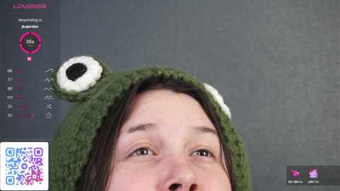 Media: Video of a young woman with light skin, brown hair, wearing a green frog-themed hat with large eyes, looking upward. Background is a gray wall with a QR code and social media icons.