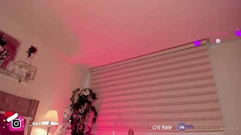 Media: A video of a dimly lit bedroom with pink and purple LED lighting, showing a closed window blind and a decorative lamp on a white dresser.