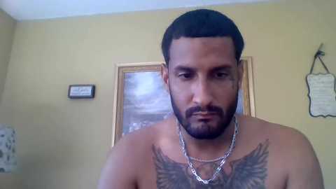 Media: Video of a shirtless man with a short beard and medium-length dark hair, wearing a silver chain necklace, standing in a beige-walled room with a framed painting and a small sign.