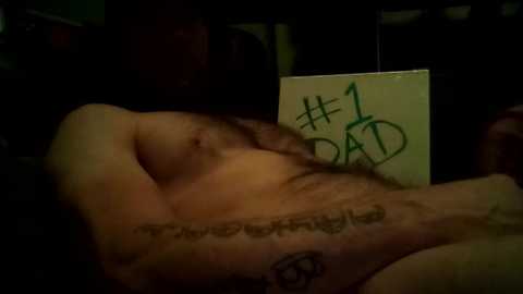 Media: A video of a shirtless man with a light brown beard, lying on a dark surface with a green, handwritten \"#1 DAD\" sign above his head. His right arm is partially visible, displaying a tattoo.