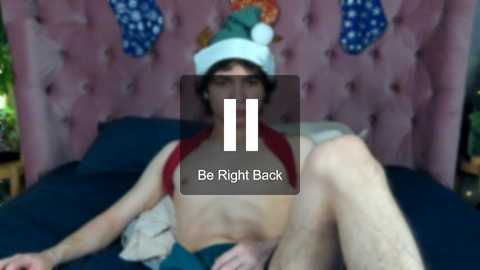 Media: Video of a shirtless, slender man with dark hair, wearing a Santa hat and blue shorts, reclining on a bed with a pink tufted headboard. Text overlay reads, \"Be Right Back.\