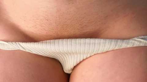 Media: Video of a person's lower torso, showing light beige ribbed underwear and pubic hair. The skin is light, and the image is close-up, focusing on the underwear and pubic area.