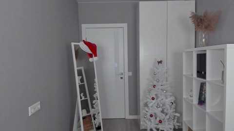 Media: Video of a minimalist, modern living room with a white Christmas tree adorned with silver and red ornaments, a red Santa hat on a ladder, and a vase of feathers on a white shelf.