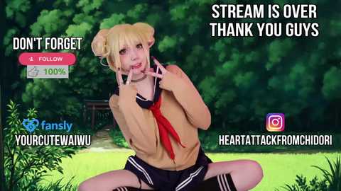 Media: A vibrant, anime-style video features a blonde girl in a school uniform, kneeling on a green field. Text overlays thank viewers and promotes a fan page.