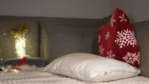 Media: Video of a cozy, modern living room corner with a gray sectional sofa, a red pillow with white snowflakes, a white blanket, a decorative string of fairy lights, and a plush, red and white snowman toy.