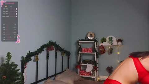 Media: A video of a woman in red lingerie, partially visible, lying on a bed with a black metal frame adorned with Christmas decorations. The room has light blue walls, a small white shelf, and a clock.