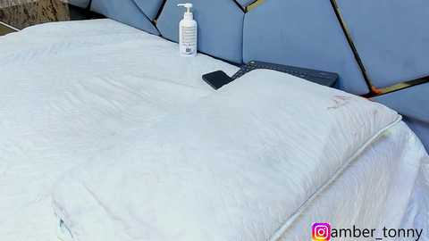 Media: Video of a blue, geometric-patterned bed with a white sheet, a white bottle of hand sanitizer, and a black remote control placed on the pillow.