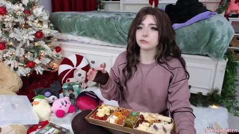 Media: Video of a young woman in a cozy room with a decorated Christmas tree, presents, and plush toys. She wears a pink sweater, holding a tray of cookies and a pink box.