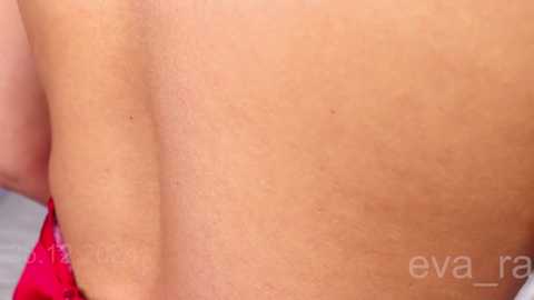 Media: A close-up video of a person's bare back, showcasing a smooth, light tan skin tone. A small mole is visible on the left side. The background is blurred, featuring a hint of red fabric. The image includes a watermark \"eva ra\" in the bottom right corner.