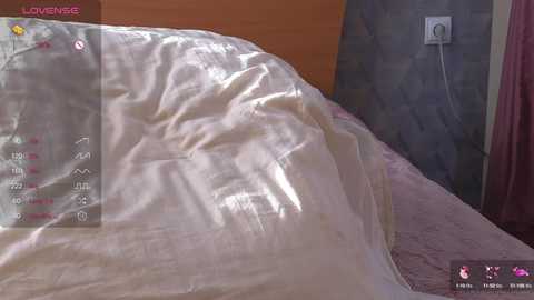 Media: Video of a messy bed with wrinkled white sheets, a wooden headboard, and a power outlet on a gray wall. A pink curtain partially covers the right side.