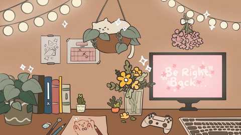 Media: Digital drawing of a cozy, pastel-themed study room with a cat hanging from a macrame hanger, potted plants, books, and a laptop screen displaying \"Be Right Back.\