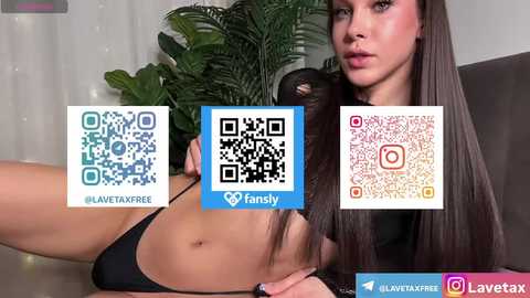 Media: Video of a young woman with long brown hair, wearing black lingerie, reclining on a couch, with a QR code overlay.