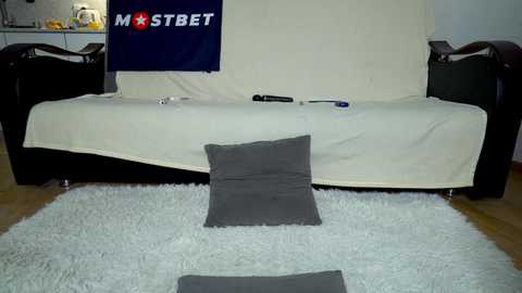 Media: Video of a modern living room featuring a beige couch covered with a cream blanket, two dark armchairs, and a plush white shag rug. A blue flag with white text and a red star hangs behind the couch.