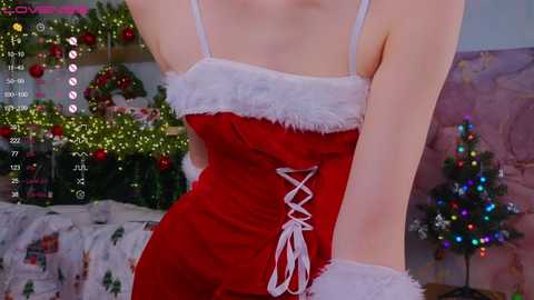 Media: Video of a fair-skinned woman in a red, Santa-themed dress with white fur trim, wearing white gloves, in a festive room with a decorated Christmas tree and twinkling lights.