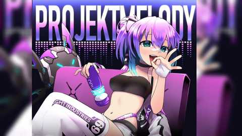 Media: Digital anime-style drawing of a purple-haired, green-eyed girl in a black bra, white thigh-high socks, and headphones, sitting on a chair, holding a drink, with \"PROJECT MELODY\" text in the background.