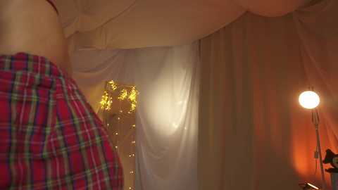 Media: A video of a dimly lit bedroom with a white canopy bed, a plaid shirt, and a soft-focus light bulb casting a warm glow.