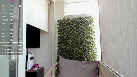 Media: Video of a modern, minimalist bedroom with a green vertical garden, light-colored walls, and a beige wicker chair with a lavender pillow.