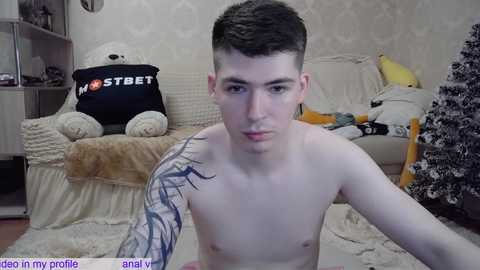 Media: Video of a shirtless young man with short dark hair, tattoos, and fair skin, sitting in a cozy living room with beige decor and stuffed toys.