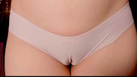 Media: A close-up video of a person wearing beige, smooth, satin panties, with a slight waistband seam and visible skin texture. The background is blurred, featuring dark tones, possibly furniture.