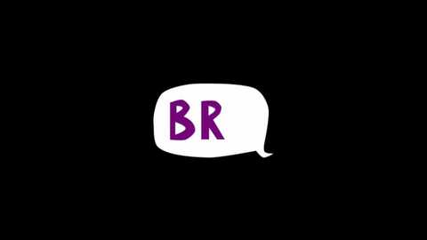 Media: A minimalist digital illustration featuring a speech bubble with the letters \"BR\" in bold purple text on a white background against a solid black background.