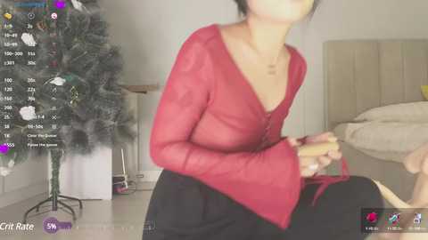 Media: A video of a woman in a sheer, red, long-sleeved blouse, black pants, holding a wooden spoon, indoors, near a decorated Christmas tree.