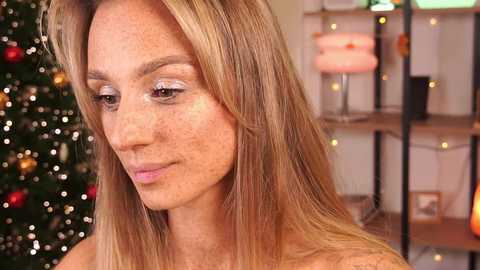 Media: Video of a blonde, fair-skinned woman with freckles, wearing minimal makeup, in a festive room with a decorated Christmas tree and string lights.