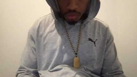 Media: Video of a man in a light gray hoodie with a black Puma logo, wearing a dog tag necklace with a beige pendant. He has a trimmed beard and is partially obscured by the hoodie's hood.