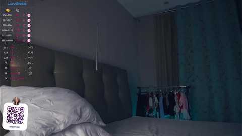 Media: Video of a dimly lit, modern bedroom with a large bed covered in white sheets, a dark green upholstered headboard, and a clothes rack with hanging garments.