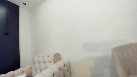 Media: A video of a minimalist bedroom with a plush, tufted, light beige headboard, a dark wooden door, and a partially visible light beige armchair, against a white wall.