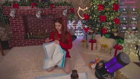 Media: A video captures a young woman with long brown hair, wearing a red sweater and white knee-high socks, kneeling on a cream rug, opening a blue box in a festive, decorated room with a Christmas tree, presents, and a brick fireplace in the background.