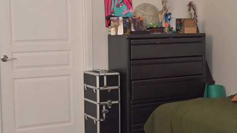 Media: Video of a cluttered bedroom corner with a black dresser, a teal bedside lamp, a green blanket, and various personal items including a pink backpack, framed photos, and a green bag.