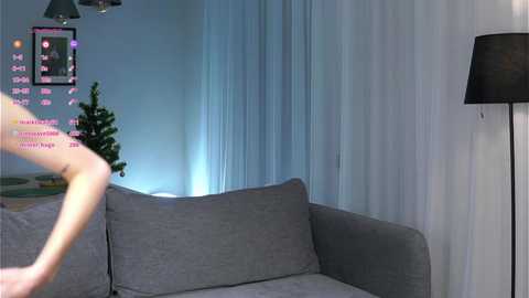 Media: A video of a modern living room with a gray sofa, a Christmas tree, a tall black lamp, and a wall with digital art and colorful lights.