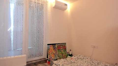 Media: A simple, warm-toned bedroom with a white wall, an air conditioner, a floral-patterned curtain, and a colorful painting leaning against the wall. The bed is unmade, and a red bottle rests on the floor.