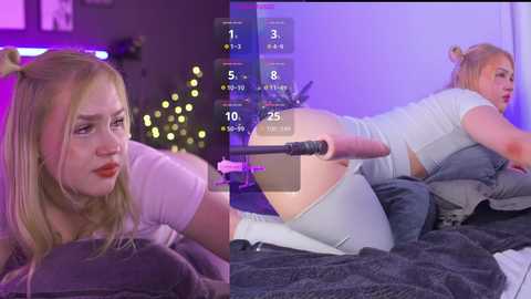 Media: A split-screen image shows a blonde woman with a distressed expression and another blonde woman in a suggestive pose with a dildo. Both are in a dimly lit bedroom.