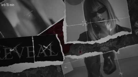 Media: A black and white video showing a woman with straight hair and sunglasses, partially obscured by a torn, jagged photo.