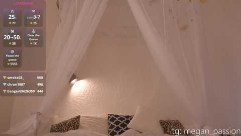 Video of a cozy bedroom with a white canopy bed, leopard-print pillows, and a lit wall sconce. A smartphone screen overlay shows a virtual assistant with health metrics and a \"t.me/meangossip\" watermark.